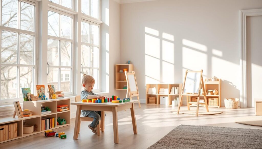 A bright, airy room filled with natural light streaming through large windows. In the foreground, a young child sits at a small table, intently focused on arranging colorful wooden blocks and shapes. Nearby, a shelf displays an array of educational toys and books, encouraging hands-on learning and exploration. In the middle ground, a child-sized easel stands, with crayons and paper ready for creative expression. The background features a cozy reading nook, a low bookshelf within easy reach, and a plush rug, inviting the child to curl up and lose themselves in a story. The scene exudes a sense of calm, independence, and a nurturing environment that fosters a child's natural curiosity and self-reliance.
