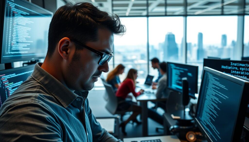 A bustling office scene with professionals interacting with SQL databases on their screens. The foreground features an engineer scrutinizing complex queries, their face illuminated by the glow of monitor displays. In the middle ground, a team collaborates around a conference table, discussing data-driven insights. The background showcases a panoramic view of a modern city skyline, hinting at the real-world applications of SQL in diverse industries. The lighting is crisp and clean, emphasizing the precision and technical sophistication of SQL workflows. The overall atmosphere conveys the crucial role of SQL in powering data-driven decision-making across various organizations.