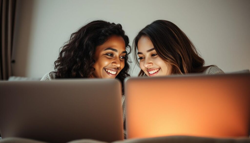 A close-up view of two friends video-chatting on their laptops, their faces filled with warmth and connection. In the foreground, the laptops glow softly, illuminating their expressions as they lean in, engaged in a heartfelt conversation. The background is blurred, creating a sense of intimacy and focus on their interaction. The lighting is natural and diffused, casting a cozy, ambient glow. The angle is slightly above eye level, giving a sense of observing a private moment between the two. The overall mood is one of care, understanding, and the enduring bond of a long-distance friendship.