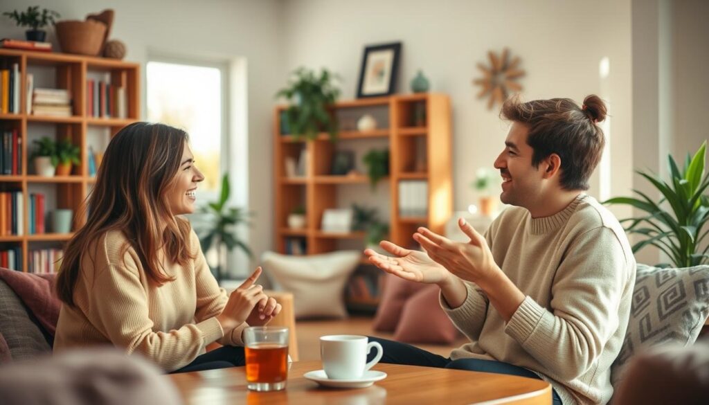 A cozy English conversation practice setting with a warm, natural lighting. In the foreground, two friends engage in a lively discussion, their body language animated and their expressions engaged. In the middle ground, a table with a cup of tea or coffee, adding to the relaxed, casual atmosphere. The background features bookshelves, plants, and other home decor elements, creating a comfortable, inviting space for practicing English conversation. The overall scene conveys a sense of warmth, friendliness, and the benefits of learning in a supportive, real-life environment.