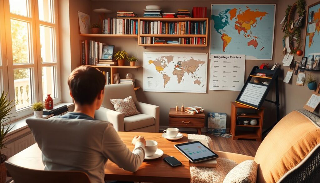 A cozy home study setup, bathed in warm natural lighting from a large window. In the foreground, a person sits at a wooden desk, intently focused on a laptop screen displaying personalized language lessons. Surrounding them, shelves filled with language-learning books and materials. The middle ground features a comfortable armchair, a cup of tea, and a language-learning app open on a tablet. In the background, a world map and language flashcards adorn the walls, creating an inspiring, immersive atmosphere for one-on-one, tailored language instruction.