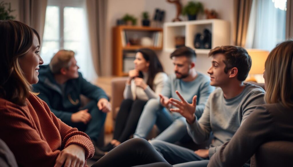 A cozy living room scene filled with people deeply engaged in conversation. In the foreground, two friends sit facing each other, leaning in and making eye contact, their body language conveying genuine interest and attentiveness. A warm, gentle light illuminates their faces, highlighting their expressions of thoughtful listening. In the middle ground, another pair of friends converse animatedly, with one person gesturing expressively as the other nods and leans in. The background is softly blurred, suggesting a sense of peaceful intimacy and focus on the interpersonal interactions. The overall atmosphere is relaxed, inviting, and conducive to meaningful dialogue and active listening.