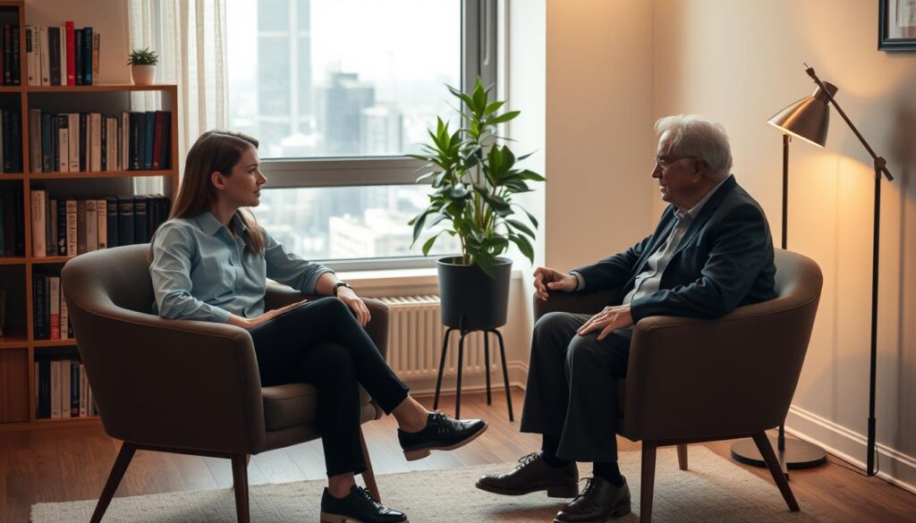 A cozy office setting, two chairs facing each other, warm lighting from a desk lamp casts a soft glow. In the foreground, a young professional and an experienced mentor sit engaged in deep discussion, their body language conveying a sense of trust and collaboration. The background features a bookshelf filled with volumes, a potted plant, and a window overlooking a vibrant cityscape, creating a professional yet inviting atmosphere. The scene captures the essence of a meaningful mentor-mentee meeting, where knowledge and wisdom are shared in a supportive and encouraging environment.