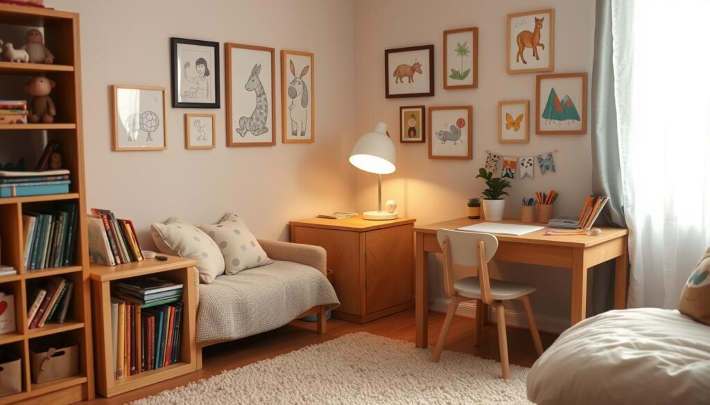 A cozy, well-lit corner of a child's room, featuring a comfortable reading nook with plush pillows and a small bookshelf. Nearby, a wooden desk with colorful art supplies, a potted plant, and a lamp that casts a warm glow. The walls are adorned with framed drawings and paintings, reflecting the child's personal interests and creativity. The floor is covered with a soft, textured rug, and the overall atmosphere is inviting and inspiring, encouraging focused learning and self-expression.
