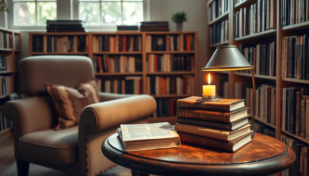 A cozy, well-lit home study with a comfortable armchair and a wooden end table. On the table, a stack of old leather-bound books and a single lit candle, casting a warm glow. In the background, bookshelves line the walls, filled with a diverse collection of short story and poetry volumes. Soft, natural lighting filters in through a large window, illuminating the scene with a sense of tranquility and focused reflection. The overall atmosphere evokes a peaceful, contemplative mood, inviting the viewer to curl up with a captivating literary work and cultivate a consistent reading habit.