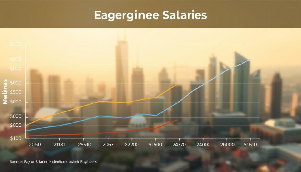 A data visualization depicting the recent trends in engineering salaries. A line graph in the foreground shows the annual median pay for various engineering disciplines over the past 5 years, presented in a clean, minimalist style with muted colors. In the middle ground, a bar chart illustrates the salary differences between entry-level, mid-career, and senior-level engineers. The background features a subtle, softly-blurred cityscape representing the professional landscape for engineers. Warm, natural lighting casts a pleasant, optimistic tone, emphasizing the positive career outlook for this in-demand field.