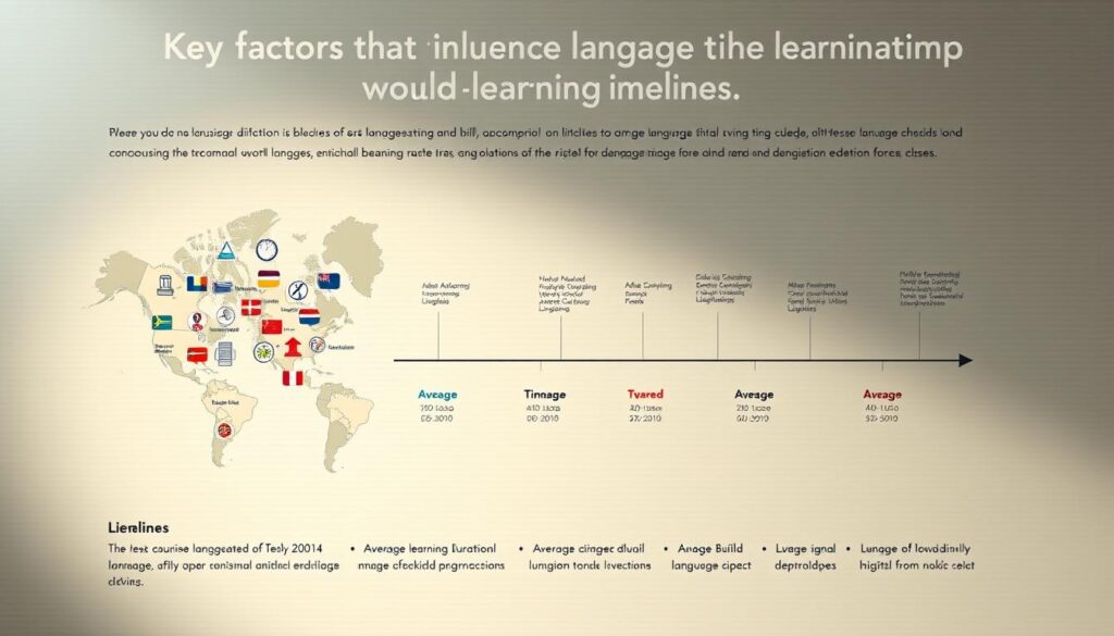 A detailed infographic depicting the key factors that influence language learning timelines. In the foreground, a stylized world map showcases the diverse language categories, with distinct icons representing their unique characteristics. The middle ground features a timeline displaying the average learning durations for each language type, using a clean data visualization approach. The background incorporates a subtle, textured pattern that evokes a sense of academic rigor and scholarly study. The lighting is soft and diffused, creating a contemplative atmosphere, while the camera angle offers a balanced, comprehensive view of the infographic's elements. The overall aesthetic combines informative clarity with a visually appealing, minimalist design.