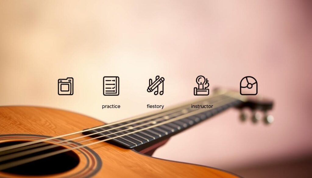 A detailed, photorealistic rendering of "guitar progress factors" as the central subject against a blurred, abstract background. The guitar is positioned in the foreground, showcasing its intricate details and textures. In the middle ground, a series of symbolic icons representing key elements that influence guitar learning progress, such as practice time, music theory, finger dexterity, and instructor guidance. The background features a soft, dreamlike gradient of complementary colors, creating a sense of depth and focus on the main subject. Excellent depth of field and natural, directional lighting that emphasizes the guitar's form and highlights the progress indicators.