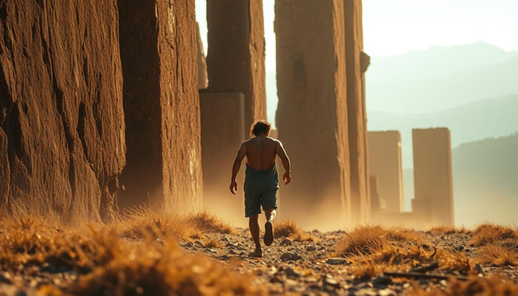 A determined individual navigating through a landscape of towering obstacles, their path illuminated by a warm, golden light that filters through the challenges. In the foreground, the figure strides purposefully, their expression resolute, while in the middle ground, imposing barriers loom, casting dramatic shadows. The background reveals a sense of expansiveness, hinting at the possibilities that lie beyond the obstacles. The overall scene conveys a narrative of resilience, perseverance, and the triumph of the human spirit over adversity.