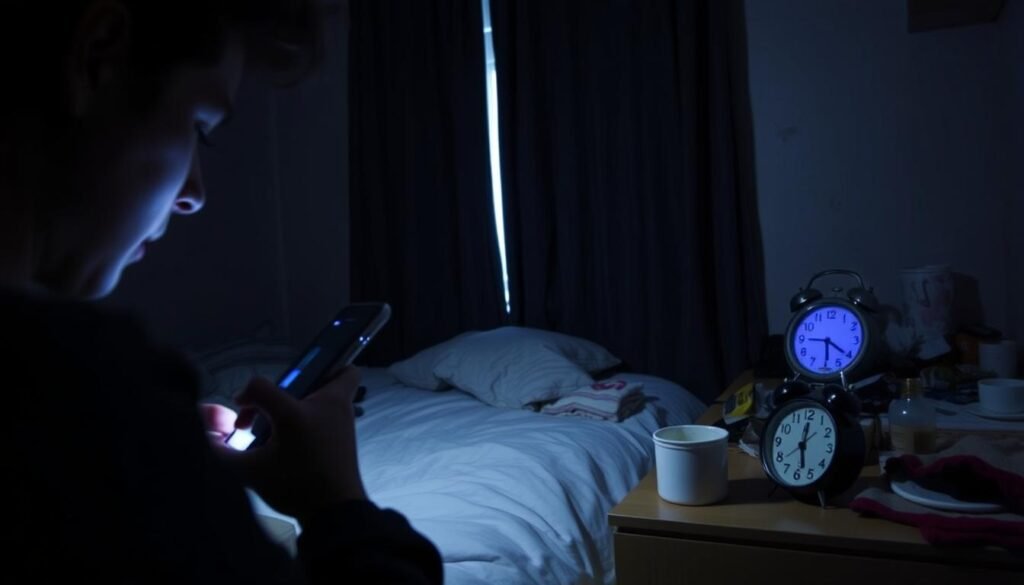 A dimly lit bedroom scene, showcasing several common bedtime routine mistakes. In the foreground, a person staring at a bright smartphone screen, oblivious to the passing time. In the middle ground, a messy, cluttered nightstand with a half-empty cup of coffee and an alarm clock showing a late hour. In the background, blackout curtains are drawn, preventing natural light from entering. The overall atmosphere is one of fatigue and disruption, highlighting the importance of establishing a conducive environment for restful sleep.