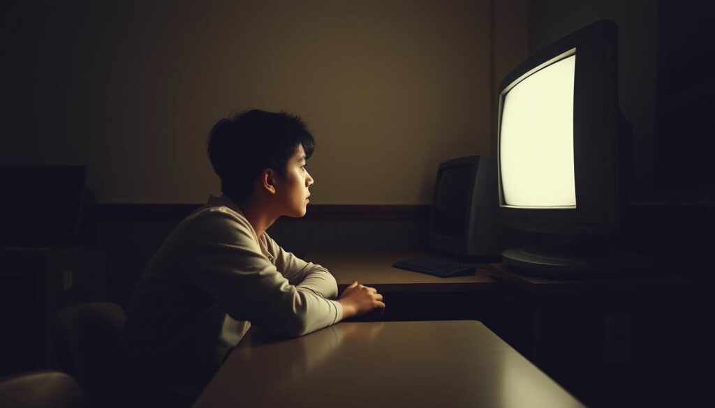 A dimly lit classroom with outdated technology, a lone student slouched at a desk, staring blankly at a flickering CRT monitor. The walls are bare, the atmosphere heavy with the weight of limited resources and disengagement. Shadows cast by the soft glow of the screen create a sense of isolation, highlighting the limitations of online education in the absence of a vibrant, interactive learning environment. The scene conveys the limitations of remote learning, the challenges of maintaining focus and motivation in a setting lacking the energy and camaraderie of a traditional classroom.