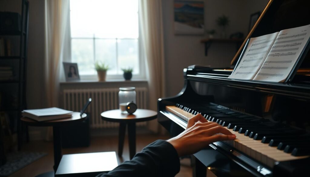 A dimly lit home studio with a grand piano in the center, its keys illuminated by soft, warm lighting. In the foreground, a pianist's hands gracefully glide across the keys, their movements fluid and practiced. Surrounding the piano, sheet music, a metronome, and a music theory book rest on a small wooden table, hinting at the pianist's dedication to technical mastery. In the background, a large window lets in natural light, casting a gentle glow on the scene and creating a sense of tranquility. The atmosphere is one of focused concentration, as the pianist navigates the complexities of an intermediate-level piece.
