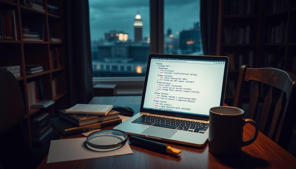 A dimly lit room with a wooden desk and chair, a laptop displaying SQL syntax, and various learning materials scattered across the surface. The foreground features a magnifying glass, a highlighter, and a coffee mug, symbolizing the diligent study and focus required to master SQL. The middle ground showcases a bookshelf filled with programming and database management books, while the background depicts a window overlooking a cityscape, hinting at the broader context and applications of SQL knowledge. The scene is illuminated by a warm, soft light, creating a contemplative and studious atmosphere.