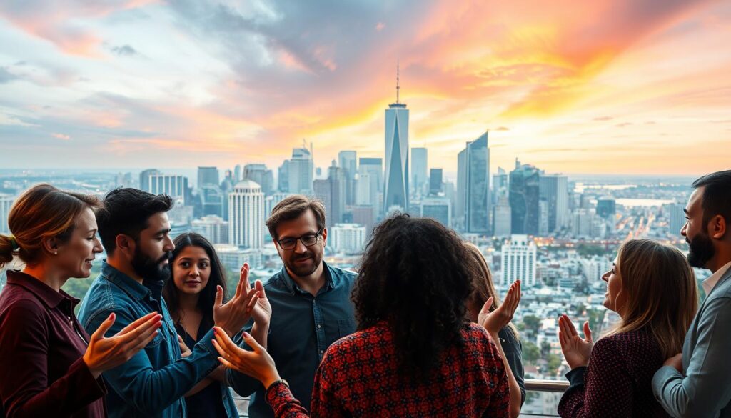 A group of diverse people working together to overcome communication challenges, set against the backdrop of a vibrant city skyline. The foreground depicts individuals gesturing expressively, their faces lit by a warm, ambient glow. The middle ground shows the group engaged in animated discussion, navigating language and cultural barriers. In the distant background, a bustling cityscape with towering skyscrapers and a dramatic, colorful sky creates a sense of energy and dynamism. The overall scene conveys a message of collaboration, understanding, and the triumph of effective communication.