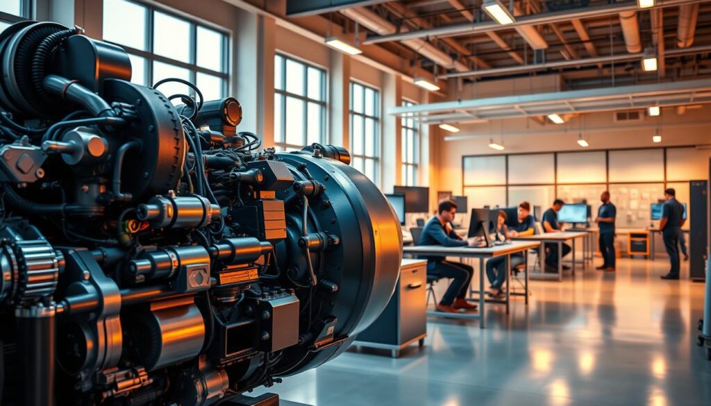 A highly detailed, hyper-realistic image of an advanced diesel engine and training program. In the foreground, a state-of-the-art diesel engine with intricate components and mechanical parts, illuminated by warm, directional lighting. In the middle ground, a specialized training lab with students gathered around workstations, examining diesel systems and troubleshooting with professional-grade diagnostic tools. The background features a modern, well-equipped vocational school or technical institute, with clean, minimalist architecture and large windows allowing natural light to flood the space. The overall atmosphere is one of cutting-edge technology, hands-on learning, and a sense of excitement and discovery in the field of diesel technology.