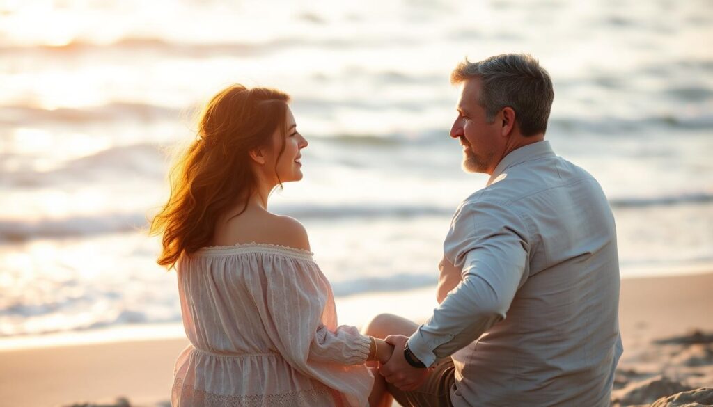 A loving couple sitting on a beach, the sun's warm glow casting a soft light on their embrace. Their expressions reflect understanding and compassion as they hold hands, the waves gently lapping at the shore. The background is blurred, keeping the focus on their reconciliation and the healing power of forgiveness in their marriage. The scene conveys a sense of peace, tranquility, and the triumph of love over past grievances.