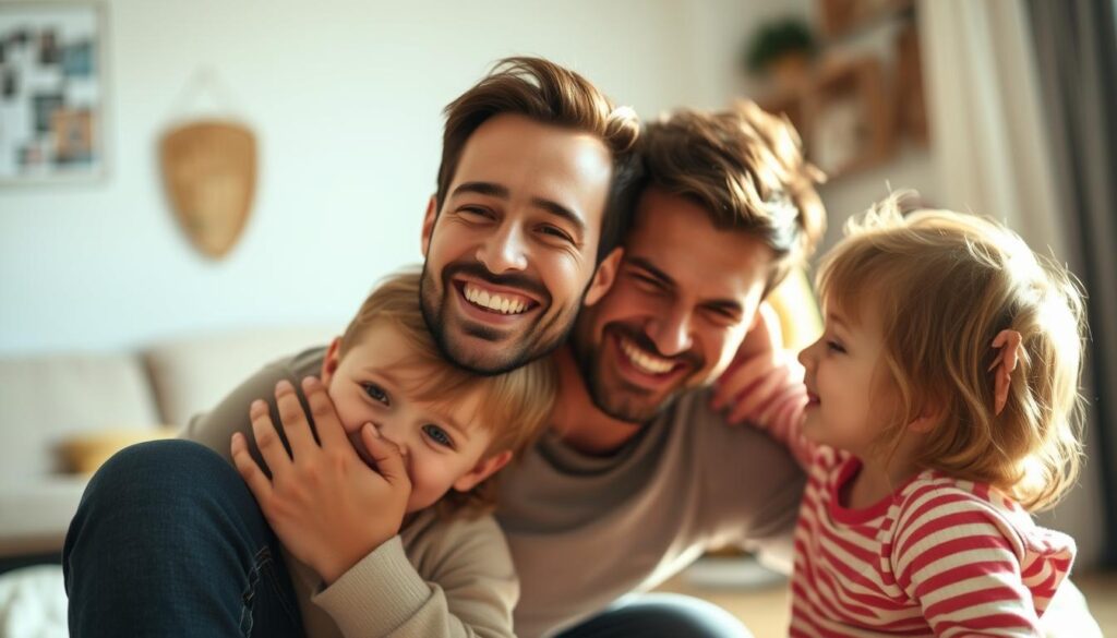 A loving father, his face aglow with warmth and tenderness, kneels down to engage with his two young children. The family is bathed in soft, natural lighting, creating a sense of intimacy and connection. The father's hands tenderly grasp the shoulders of his kids, who look up at him with joy and adoration. In the background, a cozy, domestic setting with subtle, blurred details suggests a comfortable, nurturing home environment. The overall atmosphere conveys a strong sense of familial bond, emotional closeness, and a father's unwavering presence in his children's lives.