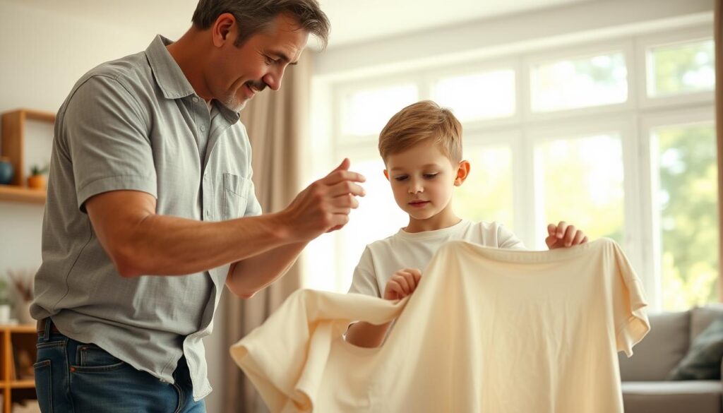 A middle-aged father, wearing a casual collared shirt and jeans, patiently teaching his young son, around 8-10 years old, how to properly fold laundry. The pair stand in a bright, airy living room with natural light streaming in through large windows. The father's expression is calm and engaged, as he guides the child's hands, demonstrating the steps. The son's face is focused, absorbing the lesson. The scene conveys a sense of domestic tranquility, quality time shared, and the father's role in instilling responsibility and life skills in his child.