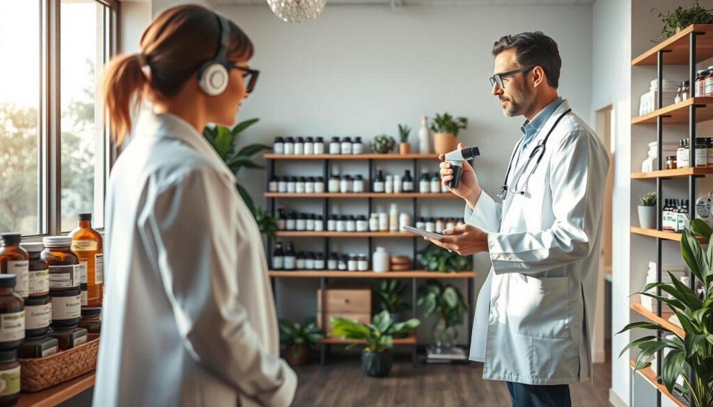 A modern medical clinic with an emphasis on functional medicine. In the foreground, a physician in a white coat examines a patient, utilizing advanced diagnostic tools. The middle ground features an array of natural supplements, herbal remedies, and personalized treatment plans. The background showcases a soothing, serene atmosphere with natural lighting, warm earth tones, and soothing decor elements that promote holistic wellbeing. The scene conveys a sense of integrative, patient-centered care, where the focus is on identifying and addressing the root causes of health imbalances.