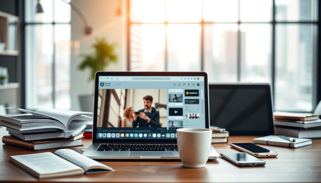 A modern, well-designed online learning platform with a clean and intuitive user interface. In the foreground, a laptop displaying a course video, surrounded by various learning materials such as textbooks, notes, and a cup of coffee. In the middle ground, an array of digital devices including tablets and smartphones, showcasing the platform's cross-device compatibility. The background features a blurred cityscape or office environment, conveying a sense of productivity and professional development. The lighting is soft and natural, creating a warm and inviting atmosphere. The overall composition suggests a seamless, engaging, and accessible online learning experience.