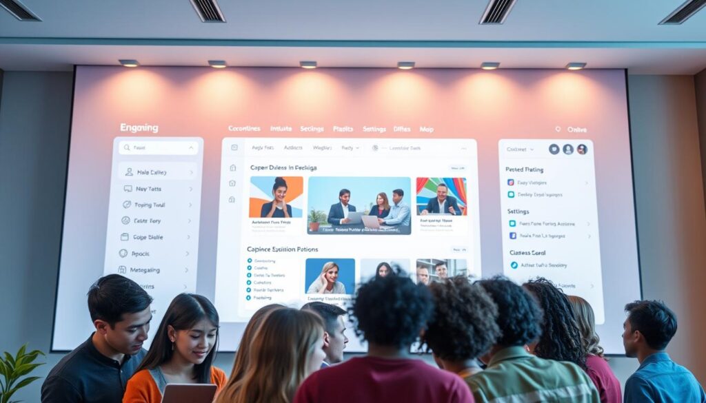 A modern, well-designed online learning platform with a clean, minimalist interface. A large central screen displays engaging educational content, surrounded by intuitive navigation tools and customizable settings. The platform exudes a sense of professionalism and innovation, with a warm, neutral color palette and subtle lighting effects creating a calming, focused atmosphere. In the foreground, a group of diverse learners interact with the platform, their expressions conveying a sense of curiosity and active engagement. The overall scene reflects the power of technology to enhance and personalize the learning experience.