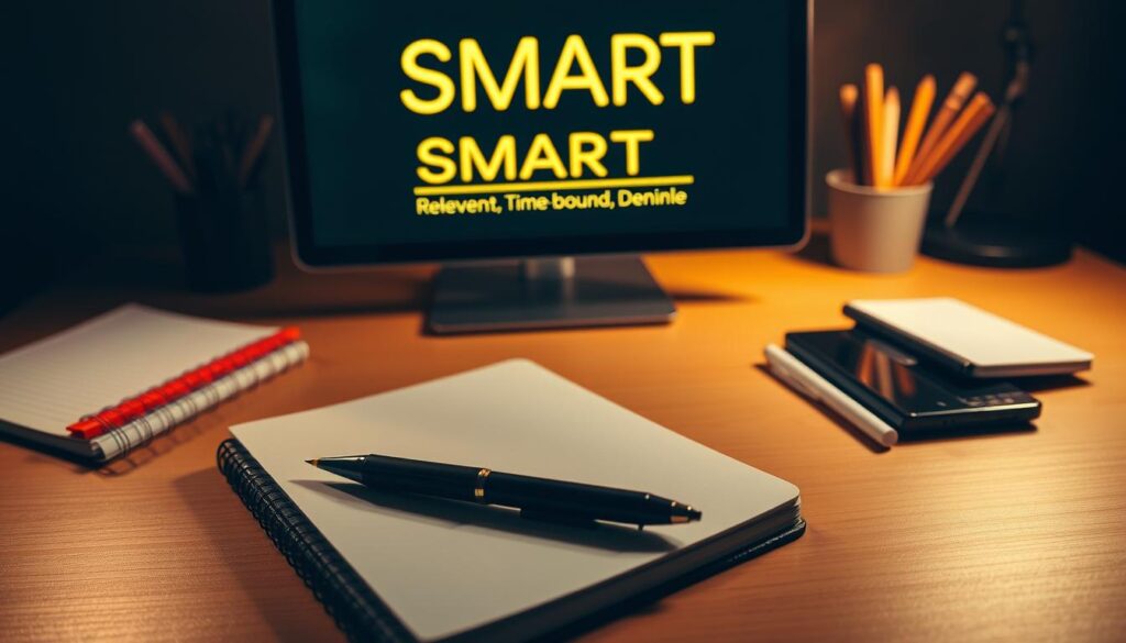 A neatly organized workspace with a notebook, pen, and a computer display showcasing the "SMART" acronym - Specific, Measurable, Achievable, Relevant, and Time-bound goals. Warm, focused lighting illuminates the scene, creating a contemplative atmosphere. The arrangement suggests a methodical approach to skill acquisition, with the display conveying a sense of clarity and direction. The overall composition emphasizes the importance of setting well-defined objectives to guide the learning process effectively.