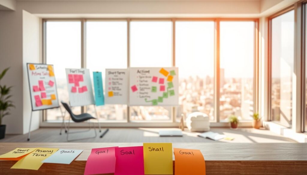 A panoramic view of various types of goals set against a backdrop of a serene, sunlit office space. In the foreground, a series of colorful sticky notes represent short-term, personal, and professional goals. In the middle ground, a whiteboard displays medium-term goals and action plans, while a laptop and scattered documents suggest an active work environment. In the background, a large window offers a glimpse of a vibrant cityscape, symbolizing the broader context and future aspirations. The scene is bathed in warm, natural lighting, conveying a sense of focus, productivity, and a balanced approach to goal setting.