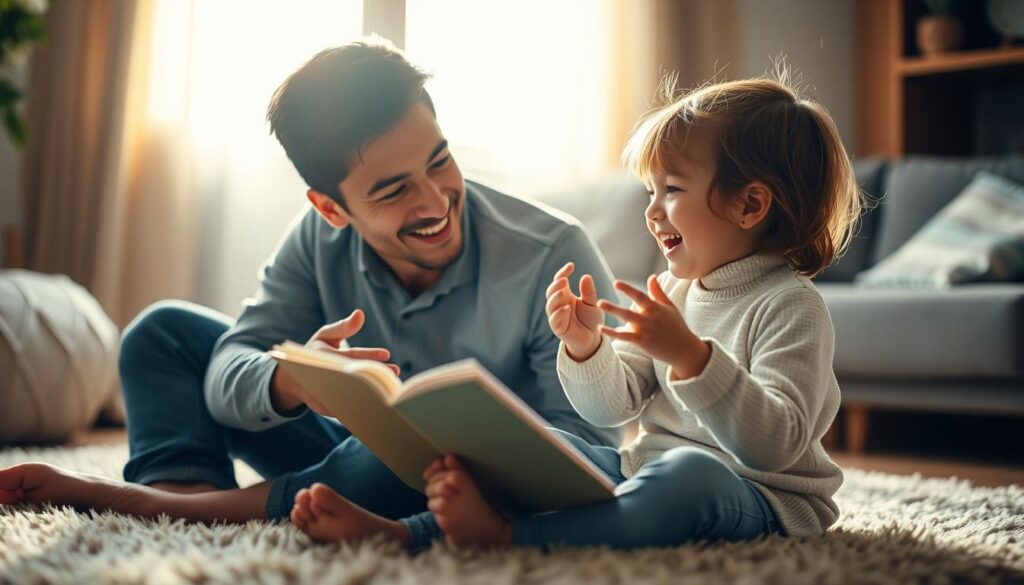A parent and child sitting on a plush rug, bathed in warm, natural light streaming through a window. The parent is engaged, leaning in, their face filled with attentive interest as they listen to the child's animated story. The child's expression is one of joy and excitement, their hands gesturing animatedly. The background is softly blurred, suggesting a cozy, comfortable living room setting. The overall scene conveys a sense of genuine connection, quality time, and the importance of being present and engaged in the moment.