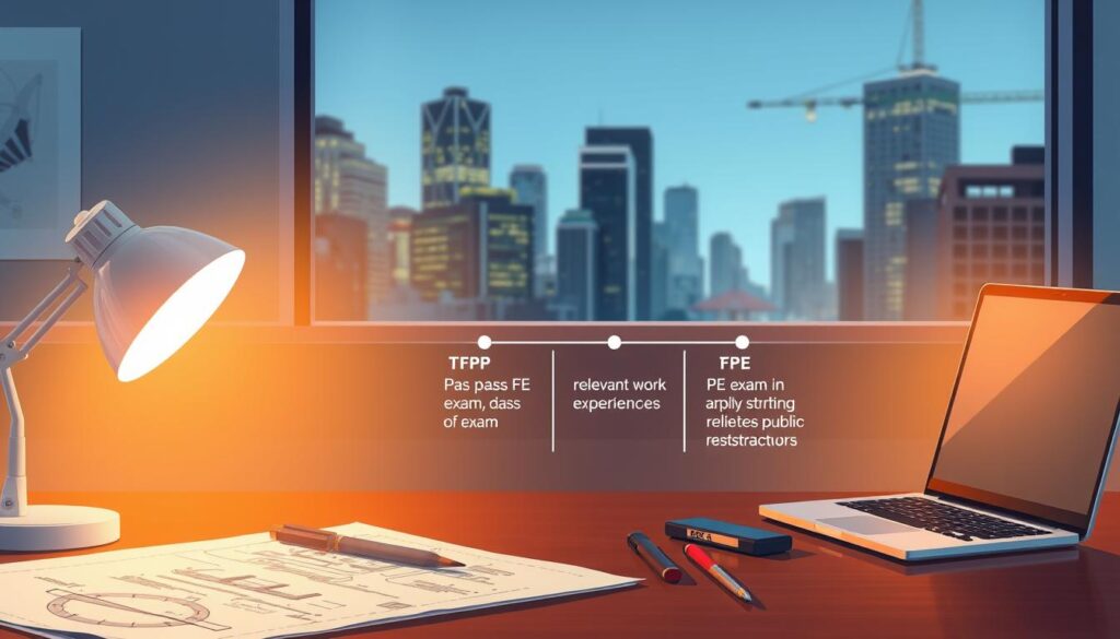 A professional engineer's licensure process, captured in a detailed, technical illustration. In the foreground, an architect's desk with engineering documents, drafting tools, and a laptop, illuminated by warm, focused lighting. In the middle ground, a timeline charting the key steps - passing the FE exam, gaining relevant work experience, and ultimately passing the PE exam. The background features a city skyline, symbolizing the public infrastructure projects overseen by licensed professional engineers. The overall mood is one of diligence, professionalism, and the pursuit of technical excellence.