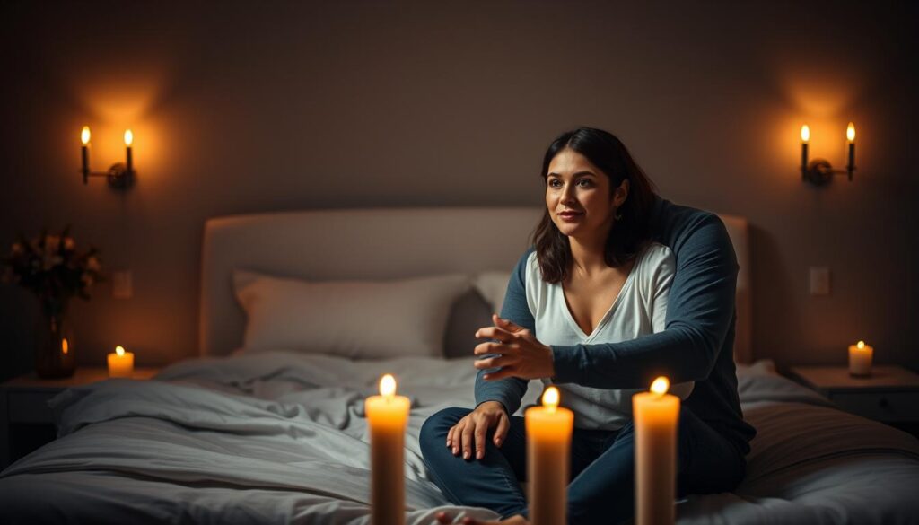 A serene, candlelit bedroom with a warm, inviting atmosphere. In the foreground, a husband and wife sitting together on the bed, their hands clasped and faces close, expressing deep mutual respect and affection. The wife's expression conveys a sense of security and trust, while the husband's gaze reflects admiration and reverence. The middle ground features subtle, elegant decor - plush bedding, a vase of fresh flowers, and soft lighting from a bedside lamp. The background is dimly lit, with muted colors and a sense of tranquility, creating a sanctuary of marital intimacy and understanding.