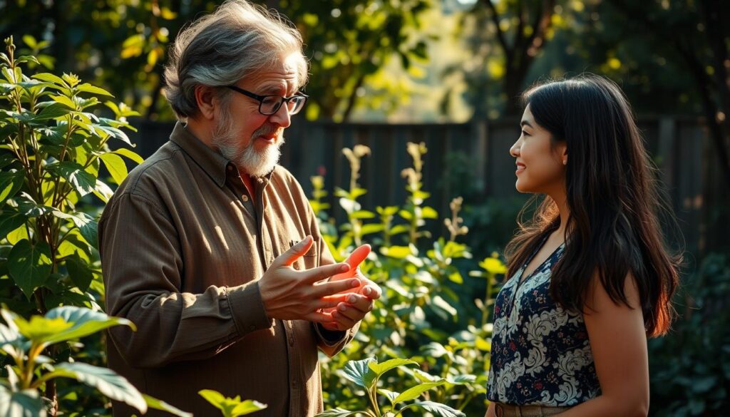 A serene garden setting, sunlight filtering through the leaves, with a wise, experienced mentor standing amidst thriving plants, their warm gaze and open posture radiating compassion, patience, and a deep well of knowledge. The mentor's face is kind yet discerning, their hands gesturing gently as they impart valuable insights to a younger protégé, who listens intently, eyes filled with admiration and a thirst for guidance. The scene exudes an atmosphere of trust, mutual respect, and the nurturing of growth - both personal and professional.