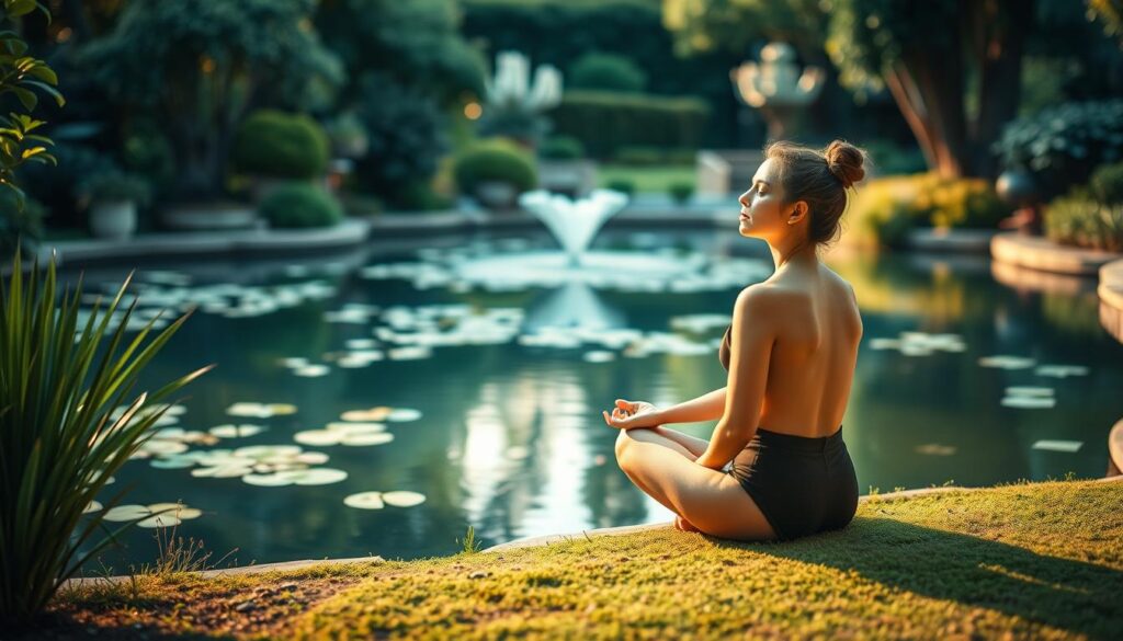 A serene garden setting with a peaceful pond, surrounded by lush greenery and gentle lighting. In the foreground, a person sitting cross-legged in a meditative pose, eyes closed, exuding a sense of deep calm and focus. Soft hues of blue, green, and warm tones create a soothing, relaxing atmosphere. The overall scene conveys a tranquil, mindful state, suggesting the power of mindfulness practices for stress relief and emotional well-being.