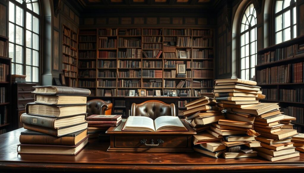 A serene library interior, sunlight filtering through tall windows, showcasing a vintage oak desk adorned with rare leather-bound books. On the left, a stack of books representing the pros - their careful restoration, the thrill of discovery, and the value they hold. On the right, a scattered pile of books symbolizing the cons - the challenges of authentication, the high prices, and the risk of damage during transactions. In the background, a wall of bookshelves stands as a testament to the rich history and allure of the rare book marketplace.