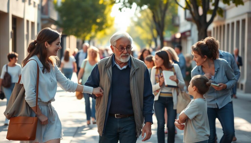 A serene, sun-dappled street scene, with people of diverse ages and backgrounds walking, conversing, and interacting with warmth and understanding. In the foreground, a young woman offers a helping hand to an elderly gentleman crossing the sidewalk, their expressions reflecting genuine empathy and compassion. In the middle ground, a parent patiently listens to a child, their body language conveying patience and attentiveness. The background features families, friends, and neighbors engaged in casual, friendly exchanges, creating a vibrant, community-driven atmosphere. The lighting is soft and golden, evoking a sense of comfort and connection, while the composition invites the viewer to feel the warmth and understanding radiating from the scene.