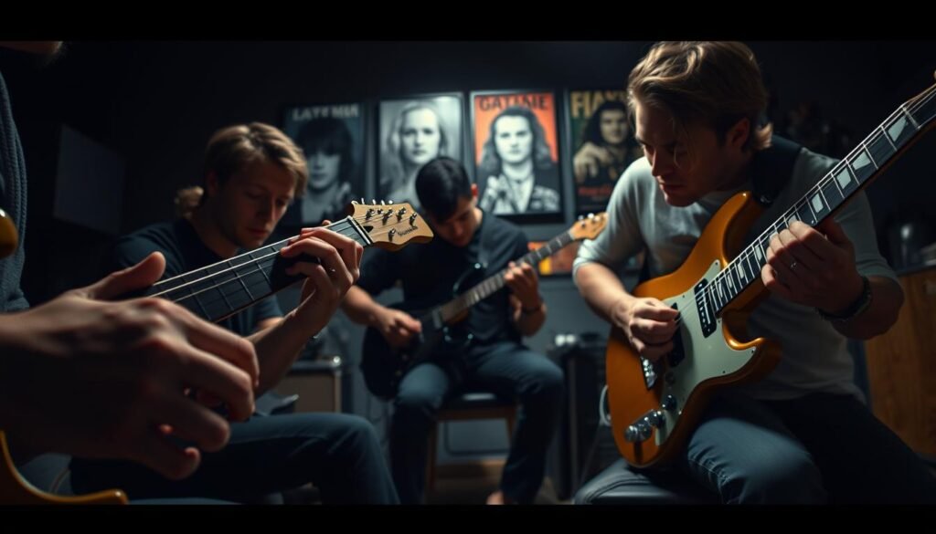 A series of guitar learning phases depicted in a realistic, cinematic style. In the foreground, a beginner's hands tentatively plucking the strings, followed by an intermediate player confidently strumming chords. In the middle ground, an advanced guitarist effortlessly shredding solos, their fingers a blur. In the background, a dimly lit practice room with posters of legendary musicians, casting an inspirational glow. The scene is illuminated by soft, warm lighting, creating a contemplative, aspirational atmosphere. The camera angle is slightly elevated, giving a sense of progression and growth. The overall composition conveys the journey of guitar mastery, from the initial struggles to the eventual virtuosity.