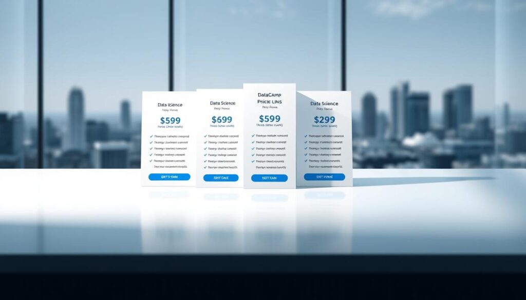 A sleek, minimalist product display showcasing DataCamp's data science pricing plans. Arranged on a smooth, reflective surface, the plans are presented as elegant, floating cards with clean typography and subtle gradients. Soft, directional lighting casts subtle shadows, emphasizing the depth and layers. The background is a serene, out-of-focus cityscape, hinting at the real-world applications of data science. The overall composition is balanced, professional, and visually appealing, perfectly suited to highlight the key features and pricing options of DataCamp's data science education offerings.