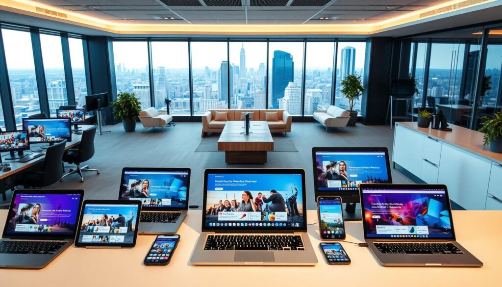 A sleek, modern educational technology hub showcasing a diverse array of popular online courses. In the foreground, various laptops, tablets, and mobile devices display vibrant course thumbnails and descriptions. The middle ground features a clean, minimalist workspace with stylish furniture and high-tech equipment. In the background, a panoramic window offers a cityscape view, conveying a sense of urban sophistication. The lighting is bright and warm, creating an inviting and productive atmosphere. The overall composition emphasizes the accessibility, versatility, and cutting-edge nature of the 2U GetSmarter online course offerings.