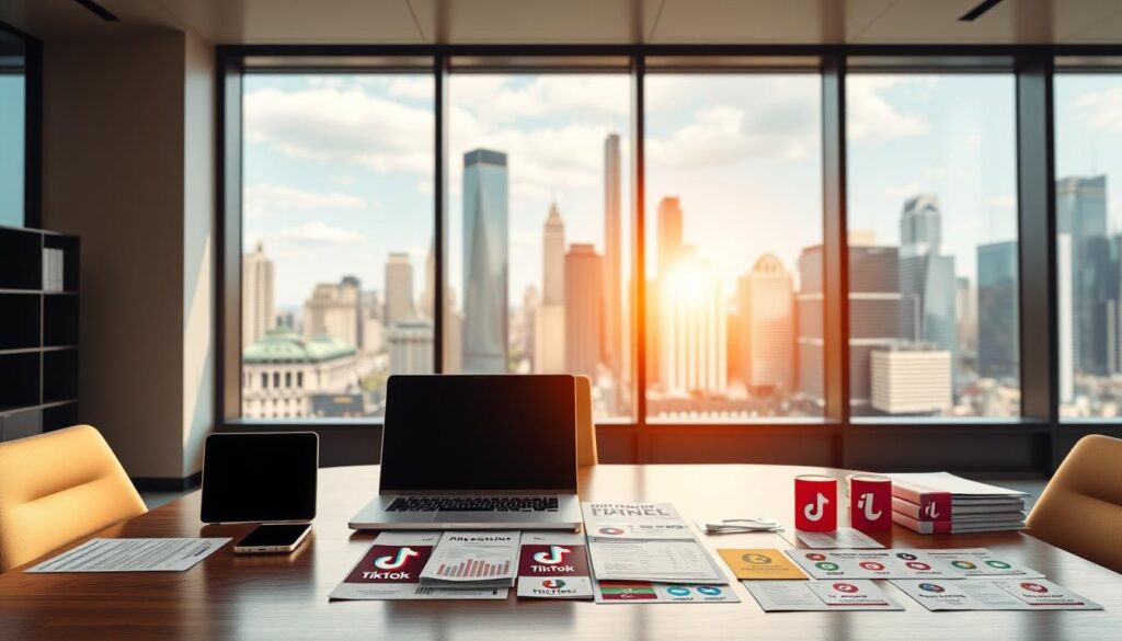 A sleek, modern office interior with a large desk showcasing a laptop, smartphone, and various financial documents. The background features a large window overlooking a bustling city skyline, bathed in warm, natural light. On the desk, an array of colorful TikTok logos and icons suggest the monetization strategies being explored, such as influencer partnerships, branded content, and in-app purchases. The scene conveys a sense of professional, yet creative, atmosphere where a TikTok influencer is actively exploring ways to monetize their online presence.
