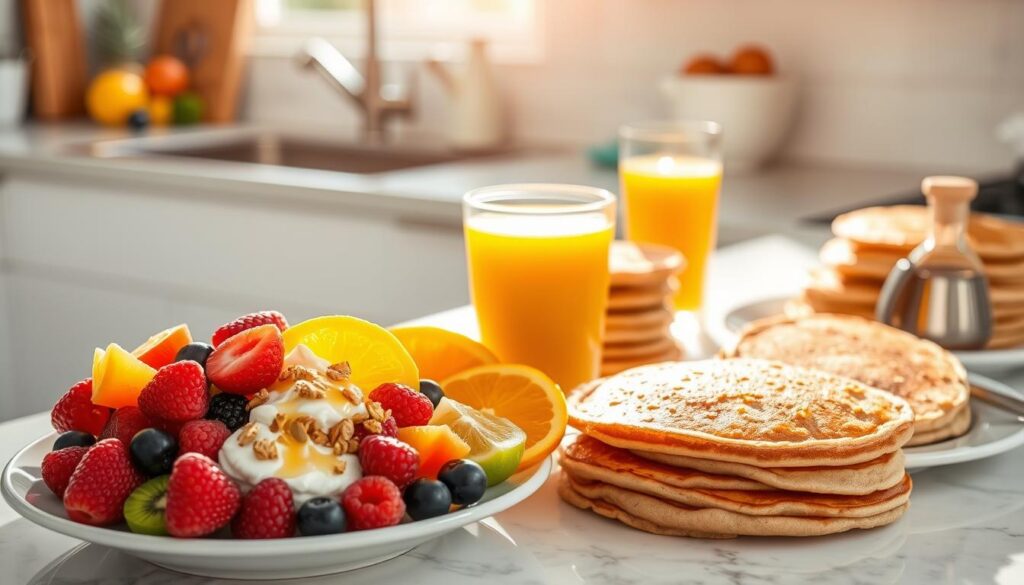 A sunlit kitchen counter overflows with a bountiful spread of healthy breakfast options. In the foreground, a plate showcases an artfully arranged selection of fresh fruits - juicy berries, sliced kiwi, and vibrant orange segments. Beside it, a bowl of creamy Greek yogurt is dotted with crunchy granola and a drizzle of golden honey. Further back, a tall glass of freshly squeezed orange juice stands tall, its surface catching the warm glow of the morning light. On the far side, a plate of fluffy whole-wheat pancakes is accompanied by a small pitcher of pure maple syrup. The scene exudes a sense of nourishment and vibrant energy, perfect for fueling a productive morning routine.