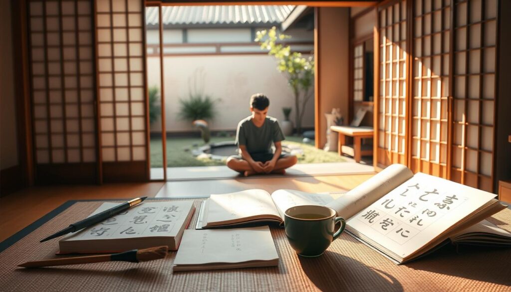 A tranquil Japanese study scene with a focused student surrounded by learning materials. Soft, natural lighting filters through shoji screens, casting a warm, meditative ambiance. In the foreground, a table displays a calligraphy brush, open textbooks, and a cup of steaming green tea. In the middle ground, the student sits cross-legged, deeply engaged in studying kanji characters. The background features a peaceful garden with a small koi pond and minimal, zen-inspired decor, evoking a sense of harmony and focus. The composition emphasizes the key factors of a calm environment, disciplined study habits, and immersive language materials that influence the speed of Japanese language acquisition.
