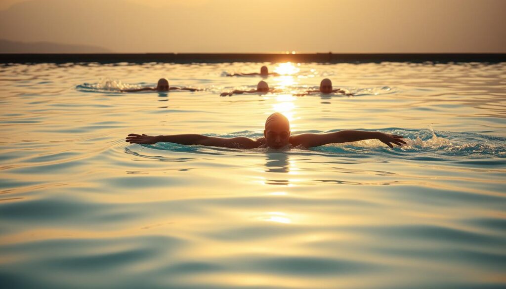 A tranquil swimming pool, its serene surface reflecting the warm, golden light of the sun. In the foreground, a swimmer gracefully glides through the water, their strokes fluid and effortless, a testament to the consistency of their practice. The swimmer's form is captured in sharp detail, the play of light and shadow accentuating the smooth curves of their movements. In the middle ground, other swimmers can be seen, each at a different stage of their swimming journey, their progress evident in the rhythmic flow of their strokes. The background fades into a hazy, dreamlike landscape, suggesting the timeless nature of this pursuit and the sense of focus and meditation it can evoke.