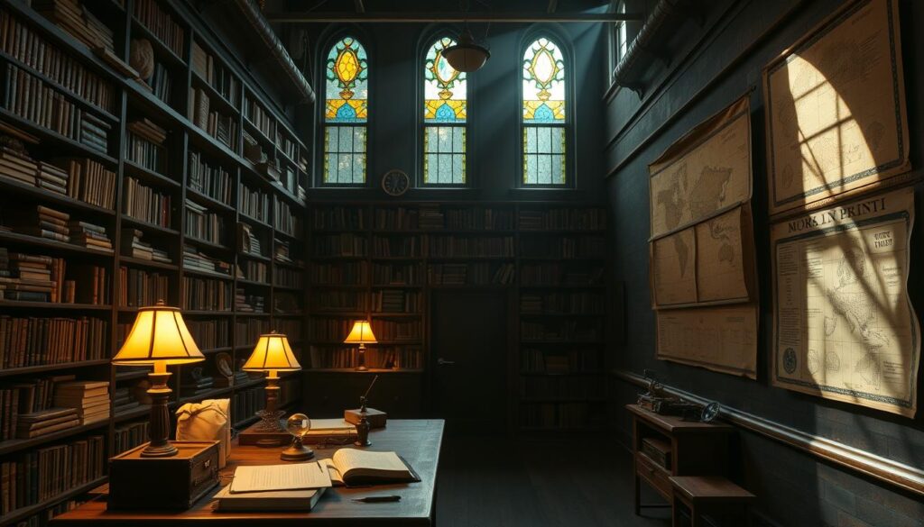 A vast, dimly lit classroom setting, illuminated by the warm glow of vintage lamps. Shelves lined with books on cryptozoology, fossils, and ancient tomes. In the foreground, a wooden desk with a magnifying glass, a journal, and various field equipment. Pinned to the wall, a large map with markers and notes, hinting at the mysteries of undiscovered creatures. The atmosphere is one of scholarly pursuit, a sense of wonder and the thrill of the unknown. Sunlight filters in through stained-glass windows, casting a soft, contemplative light over the scene. This is the educational pathway for aspiring cryptozoologists, a space where knowledge and imagination converge.