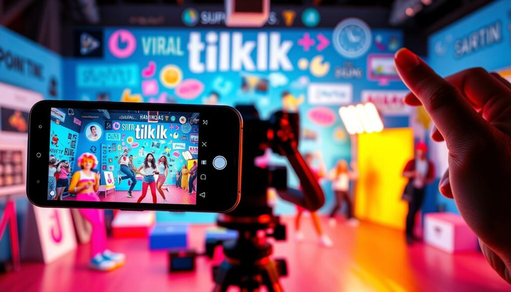 A vibrant, eye-catching scene of viral TikTok content strategy. In the foreground, a smartphone screen displays a viral TikTok video with engaging visuals and energetic dance moves. The middle ground features a content creator filming with a high-quality camera, surrounded by colorful, trending props and backdrops. In the background, a dynamic collage of trending hashtags, viral challenges, and social media analytics data creates a visually stimulating environment. The lighting is bright and lively, capturing the excitement and energy of creating viral TikTok content. The overall composition conveys the thrill and strategy behind crafting content that captivates a wide audience.