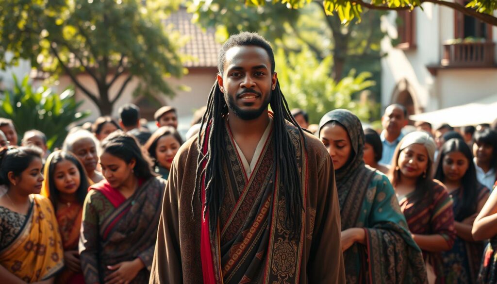 A vibrant, inclusive community gathered in a sun-dappled town square, people of diverse backgrounds and identities embracing one another. In the foreground, a central figure stands tall, radiating integrity and compassion, their face serene and welcoming. Surrounding them, a tapestry of cultures represented through intricately detailed traditional clothing, each person's expression reflecting a sense of belonging and unity. In the background, lush greenery and warm, golden lighting create an atmosphere of harmony and personal growth. The scene evokes a powerful message of living with integrity, acceptance, and a commitment to building a just, equitable world.