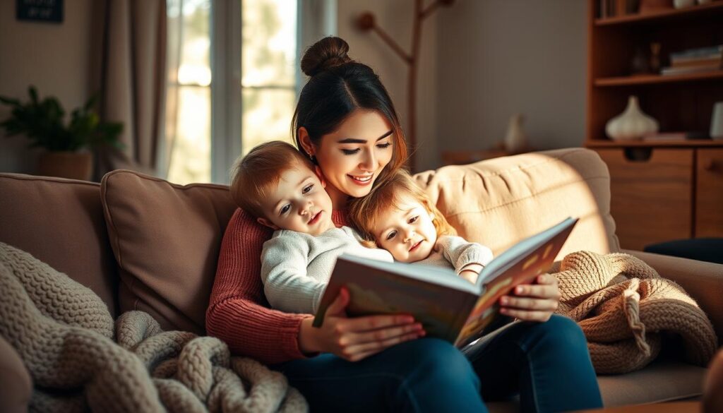 A warm, cozy living room setting with a mother and her young child engaged in a shared activity. The pair sit on a plush sofa, the child's head resting on the mother's shoulder as they read a storybook together. Soft, natural lighting filters in through a nearby window, casting a gentle glow. The room is filled with inviting textures like knitted blankets and wooden accents, creating an atmosphere of comfort and connection. The expressions on their faces convey a sense of intimacy and mutual understanding, reflecting the strong bond between them.