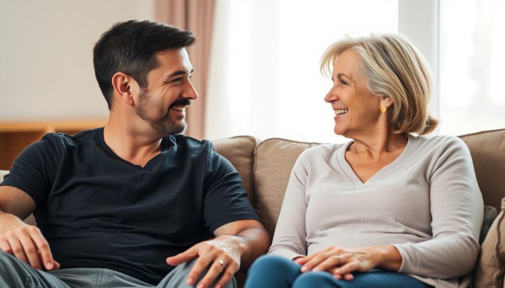 A warm, natural-lit indoor scene showing two adults, a man and a woman, sitting on a couch together, engaged in a caring, respectful conversation. They maintain eye contact and have relaxed, open body language, conveying a sense of partnership and trust. The background is softly blurred, allowing the focus to remain on their interaction. The lighting is gentle, creating a cozy, intimate atmosphere. The overall mood is one of collaboration, understanding, and shared responsibility in their parenting role, even after separation.