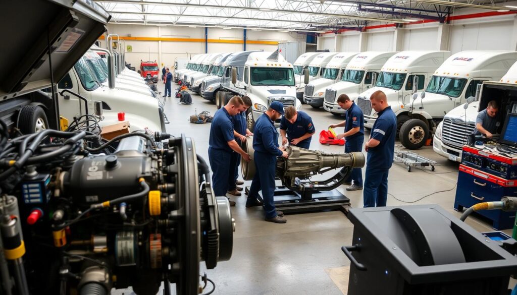 A well-equipped diesel technology workshop with various heavy-duty vehicles and equipment. In the foreground, a diesel engine undergoing a detailed inspection, surrounded by specialized tools and diagnostic equipment. In the middle ground, students in coveralls working collaboratively on a transmission rebuild, guided by an experienced instructor. The background features rows of diesel trucks and buses, highlighting the program's focus on hands-on, practical training. Bright, natural lighting illuminates the scene, creating a sense of a dynamic and productive learning environment.