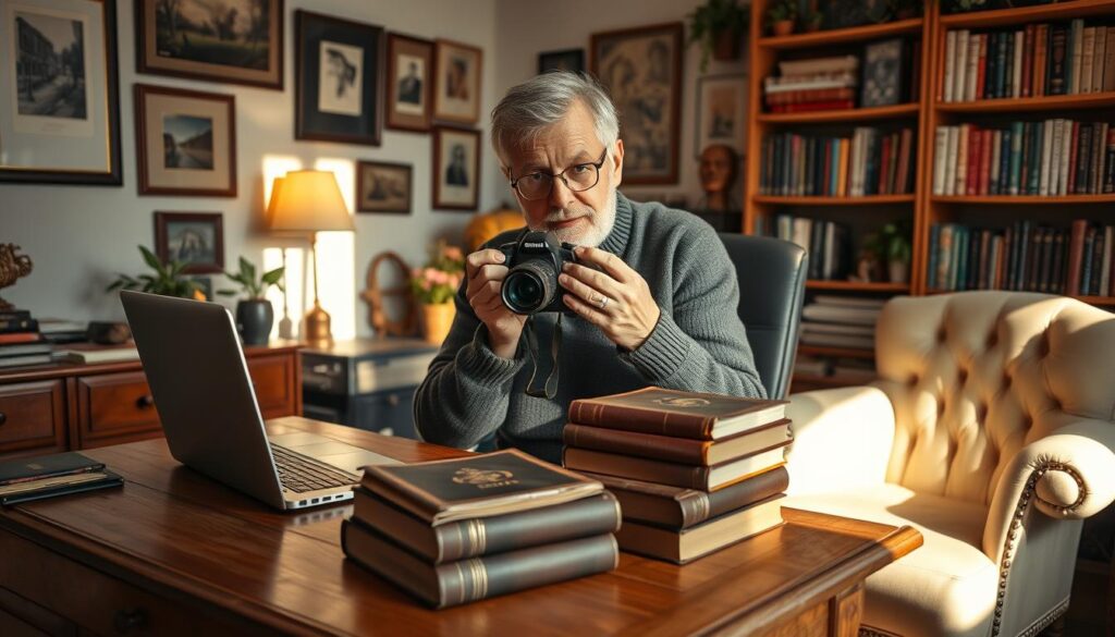 A well-lit, cozy home office with a wooden desk and bookshelves lining the walls. On the desk, a vintage laptop and a stack of rare, leather-bound books. The owner, a middle-aged man in a sweater, carefully photographs the books with a professional camera, preparing to list them for sale on an online marketplace. Warm, natural lighting filters through the window, creating a soft, inviting atmosphere. The background features a mix of framed art, potted plants, and a plush, tufted armchair, conveying a sense of sophistication and scholarly pursuits.