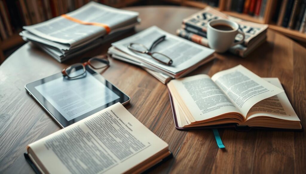 A well-lit, high-angle photograph of a table with various reading formats laid out in an organized display. In the foreground, an open hardcover book, a tablet displaying an e-book, and a stack of newspapers and magazines. In the middle ground, a pair of reading glasses, a bookmark, and a cup of coffee. The background is softly blurred, suggesting a cozy, inviting study or home office space, with hints of bookshelves or other literary accoutrements. The overall scene conveys a sense of contemplation, productivity, and the diverse ways in which one can engage with the written word.