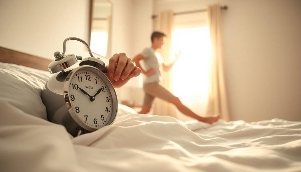 An alarm clock buzzes loudly, its harsh red digits glaring in the early morning light. A hand emerges from the cozy bedsheets, slowly reaching for the snooze button. But suddenly, determination flashes in the eyes of the sleepy figure as they resist the temptation, swinging their legs over the side of the bed. Warm sunlight filters in through the window, illuminating a tidy, minimalist bedroom. The person stands up, feeling a sense of accomplishment as they take the first step towards a productive day, leaving the snooze temptation behind.
